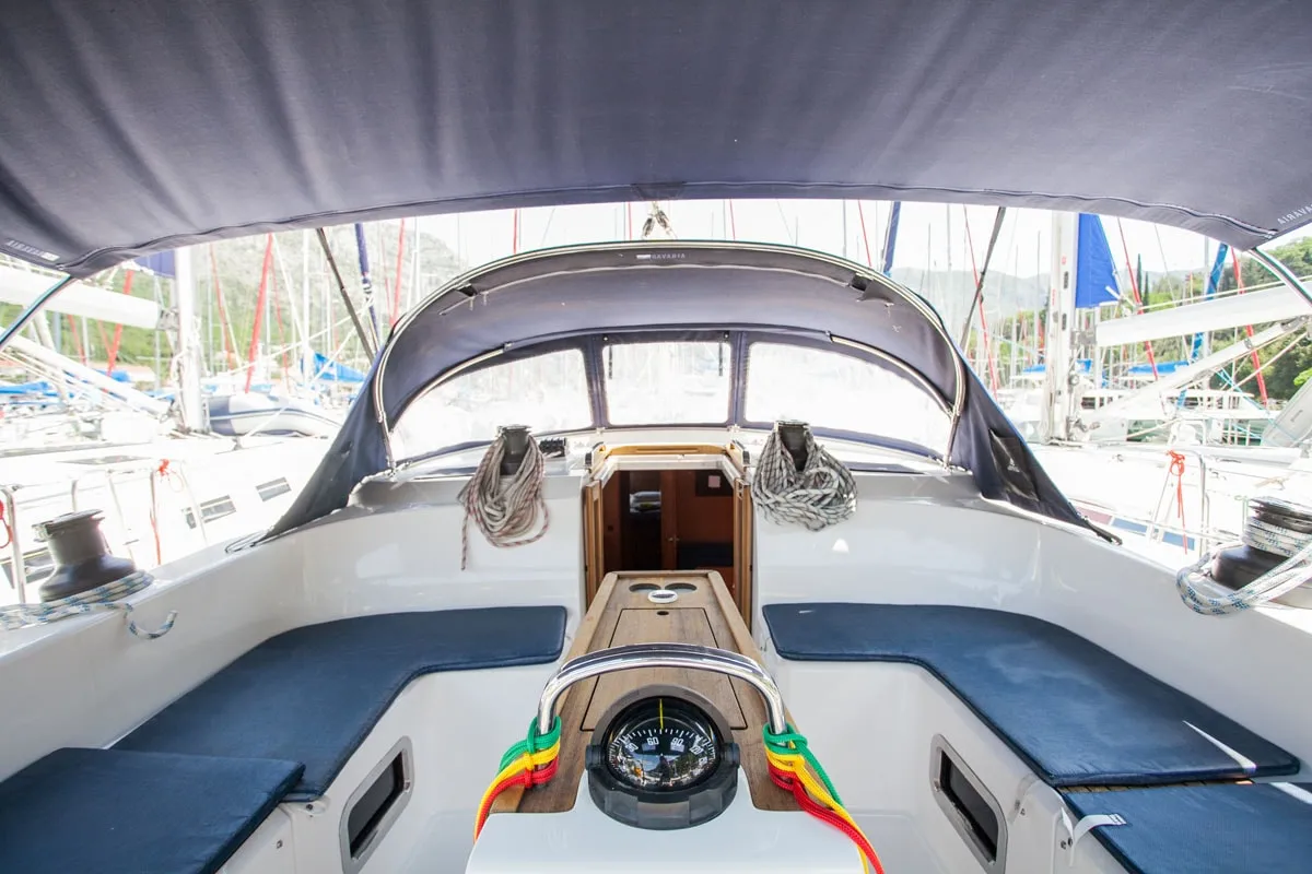 Cockpit of Fantasy, a Bavaria Cruiser 51 sailboat at Split, Croatia