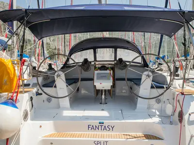 Cockpit of Fantasy, a Bavaria Cruiser 51 sailboat at Split, Croatia