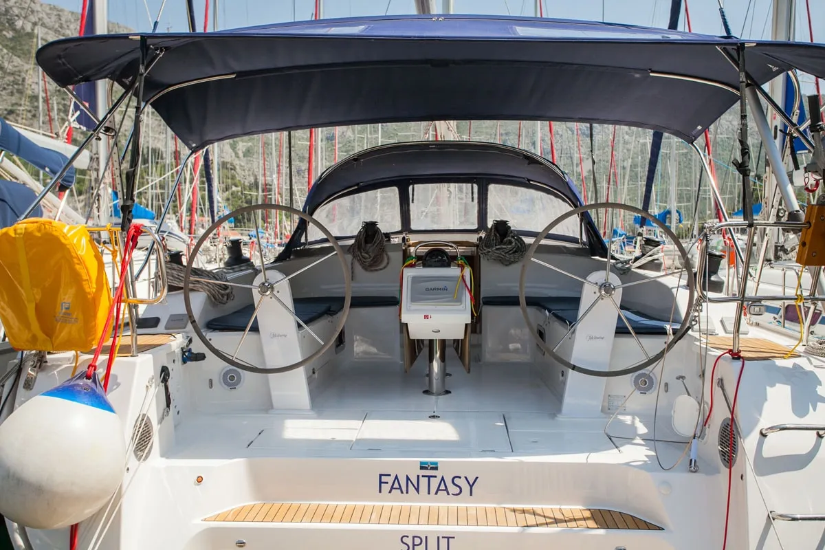 Cockpit of Fantasy, a Bavaria Cruiser 51 sailboat at Split, Croatia