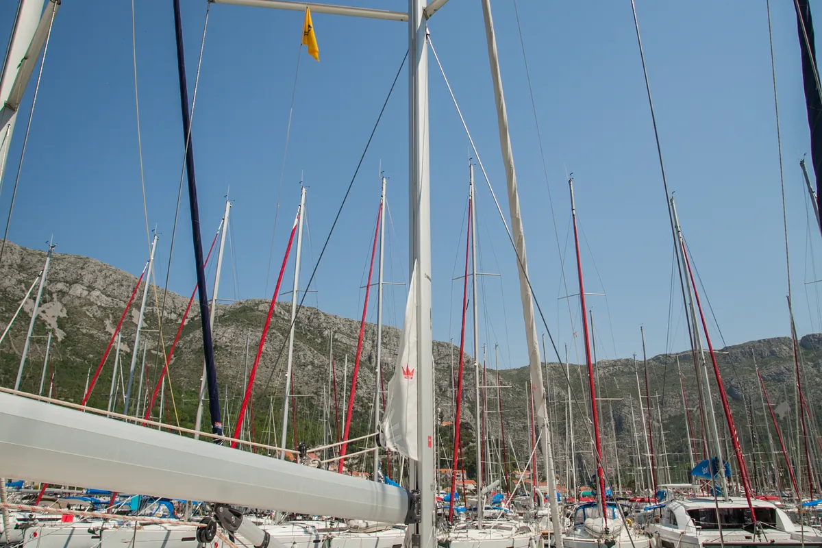 Exterior view of Fantasy, a Bavaria Cruiser 51 sailboat at Split, Croatia
