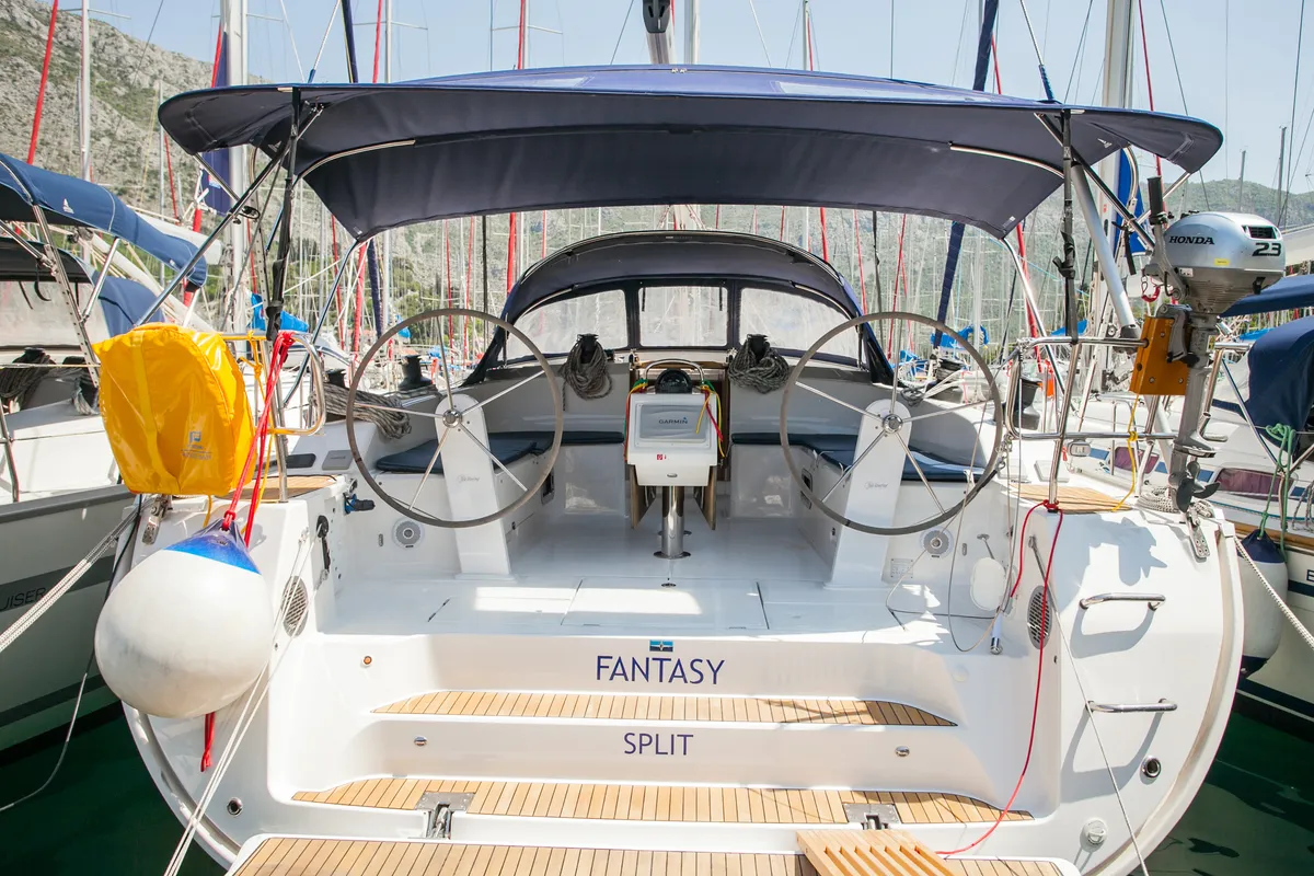 Cockpit of Fantasy, a Bavaria Cruiser 51 sailboat at Split, Croatia