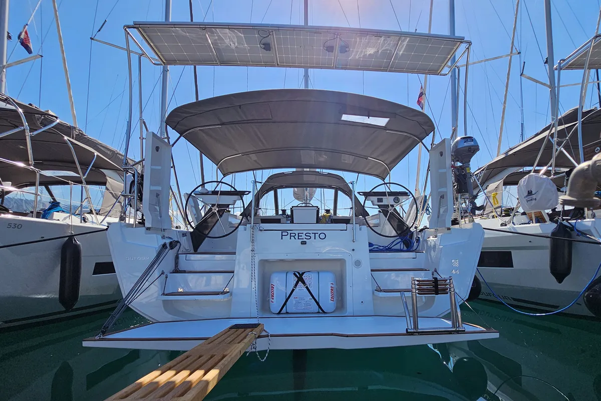 Exterior view of Presto, a Dufour 44 sailboat at Kaštela, Croatia