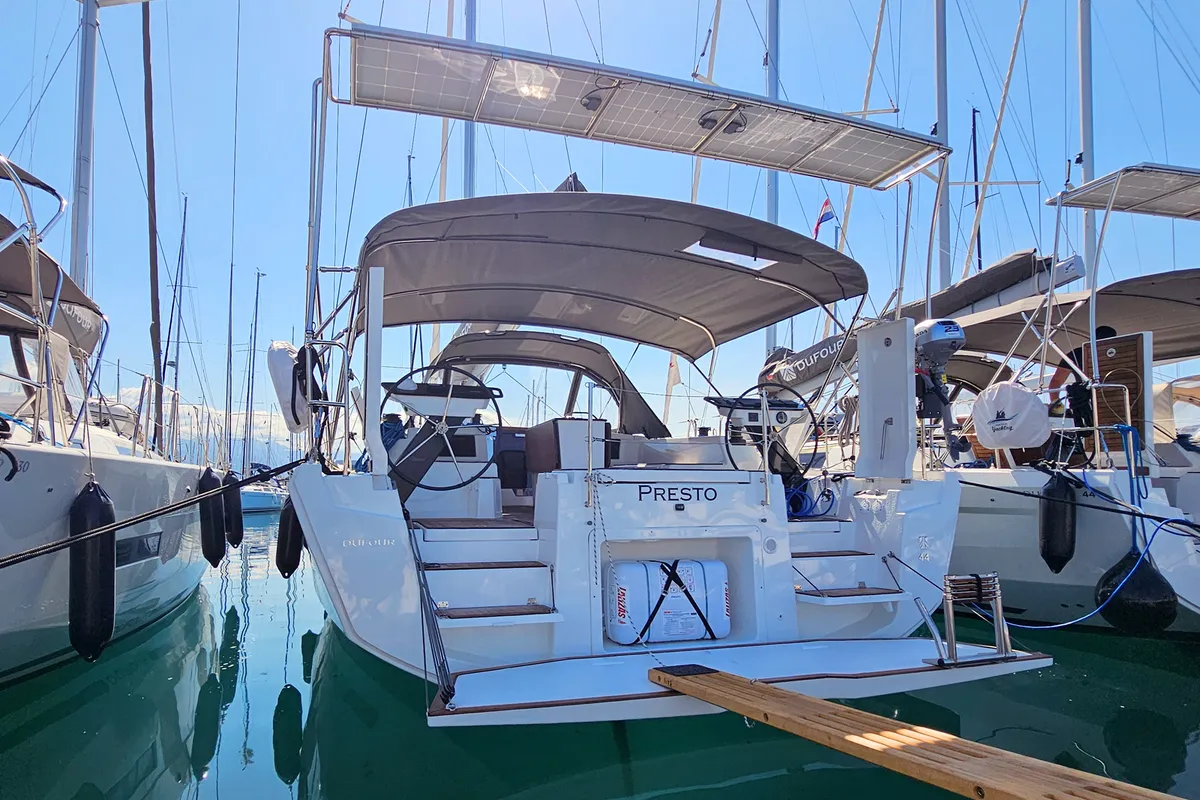 Exterior view of Presto, a Dufour 44 sailboat at Kaštela, Croatia