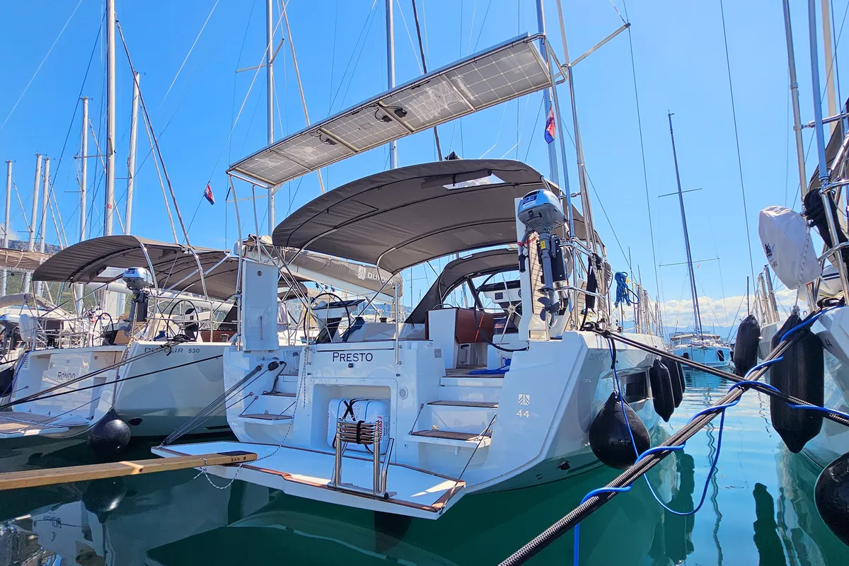 Exterior view of Presto, a Dufour 44 sailboat at Kaštela, Croatia