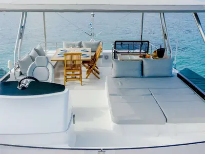 Deck of Endless Beauty, a Fountaine Pajot MY44 catamaran at Nea Peramos, Greece