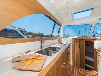 Galley of Mira, a SAS - Vektor Adriana 36 motorboat at Jezera, Croatia