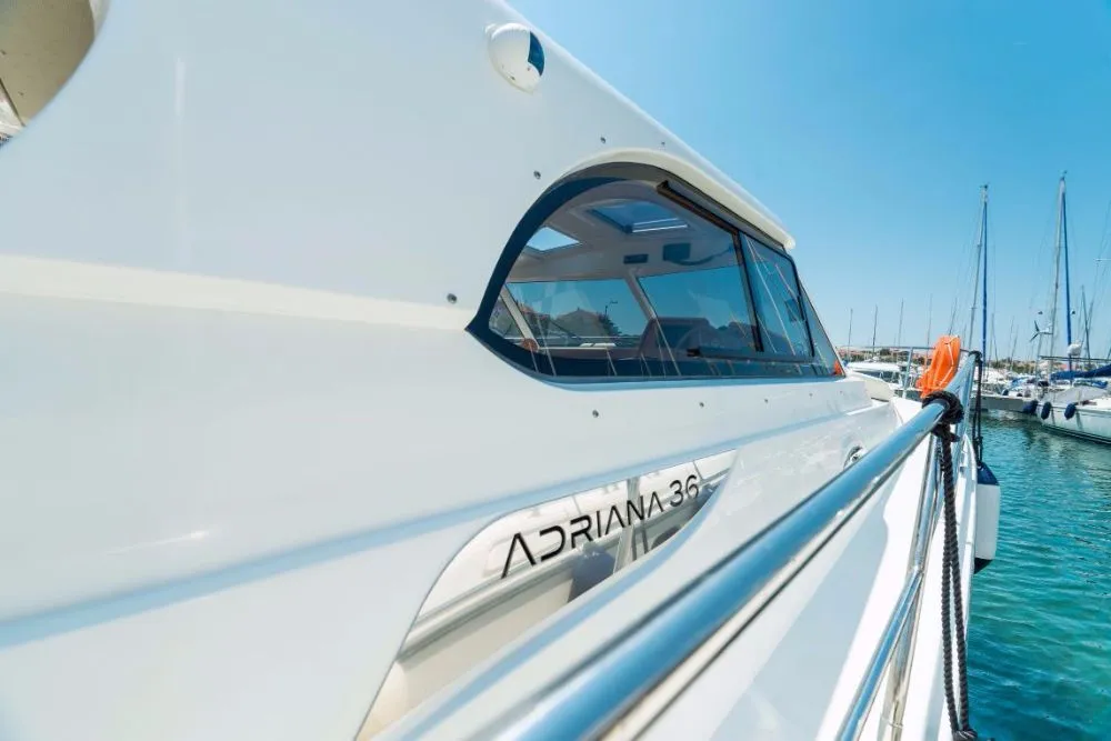 Exterior view of Mira, a SAS - Vektor Adriana 36 motorboat at Jezera, Croatia