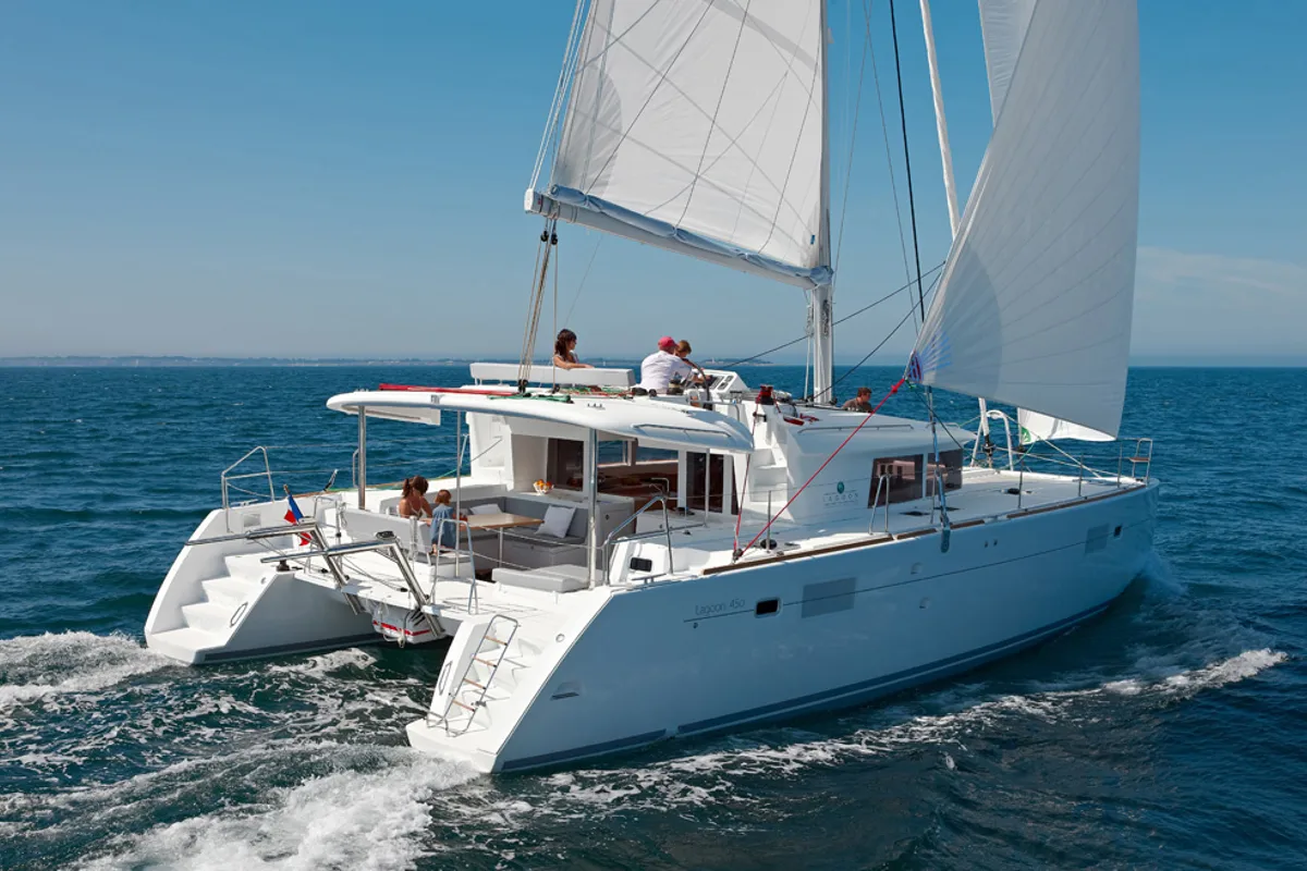 Exterior view of Marčelina, a Lagoon 450 catamaran at Grad Šibenik, Croatia
