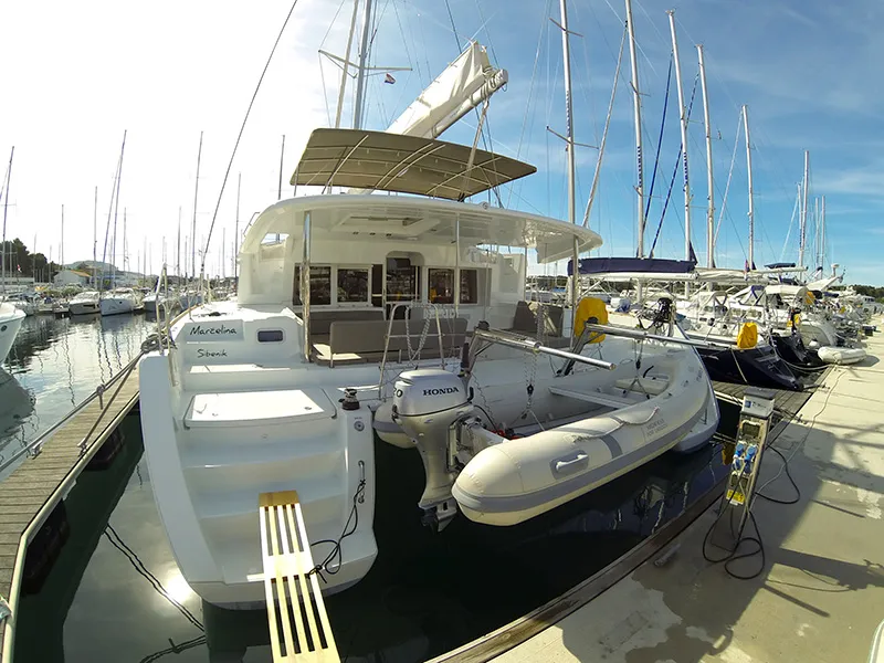 Exterior view of Marčelina, a Lagoon 450 catamaran at Grad Šibenik, Croatia