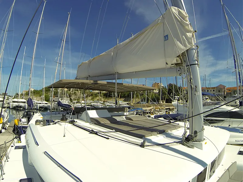 Deck of Marčelina, a Lagoon 450 catamaran at Grad Šibenik, Croatia