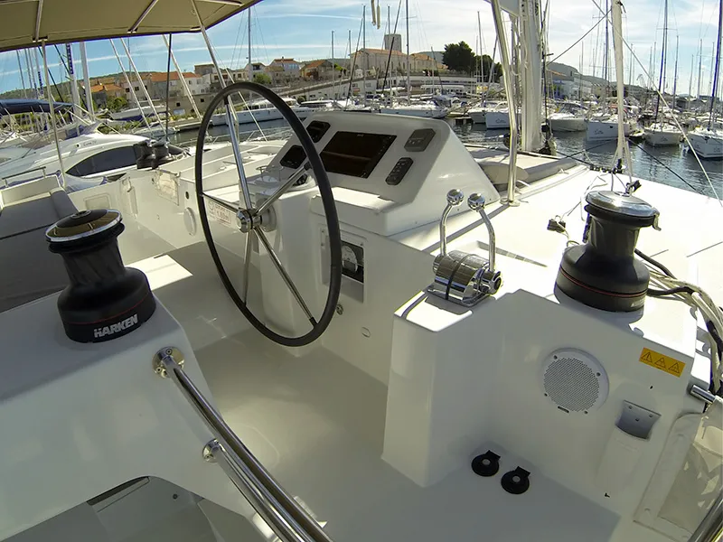 Cockpit of Marčelina, a Lagoon 450 catamaran at Grad Šibenik, Croatia