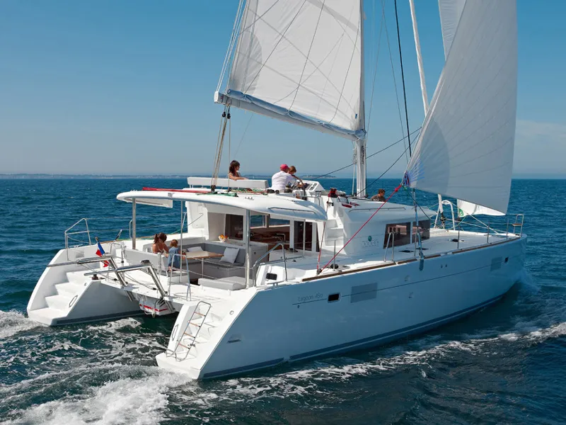 Exterior view of Marčelina, a Lagoon 450 catamaran at Grad Šibenik, Croatia