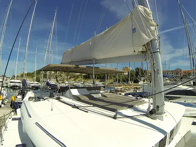 Deck of Marčelina, a Lagoon 450 catamaran at Grad Šibenik, Croatia