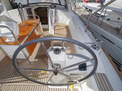 Cockpit of MOIN, a Beneteau Oceanis 38 sailboat at Port de Pollença, Spain
