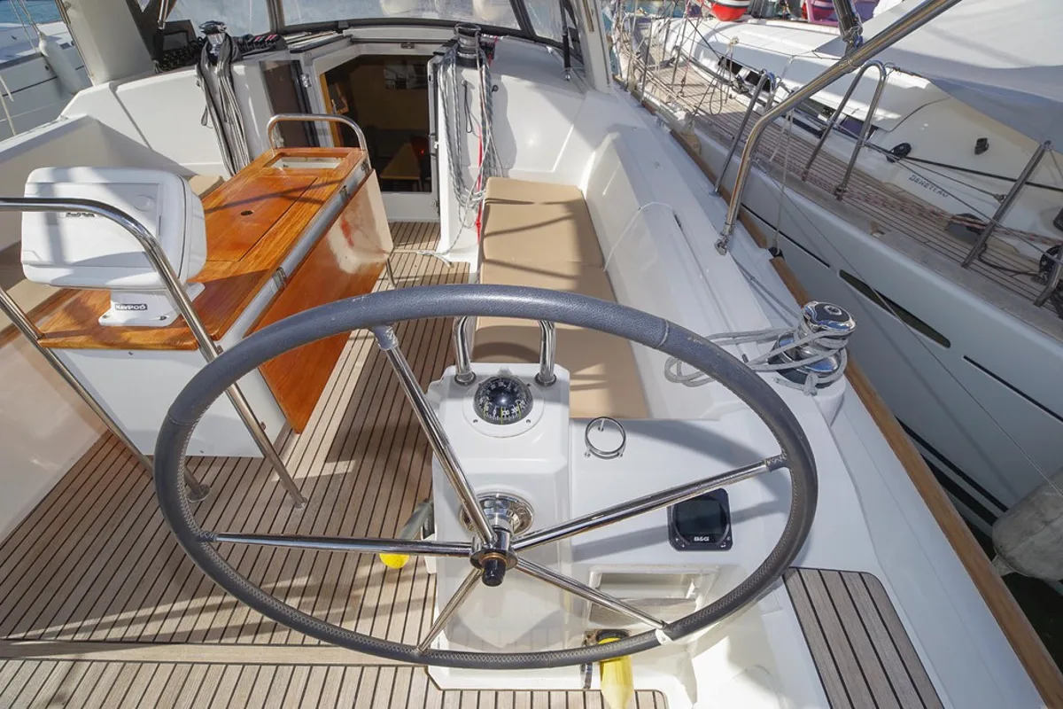 Cockpit of MOIN, a Beneteau Oceanis 38 sailboat at Port de Pollença, Spain
