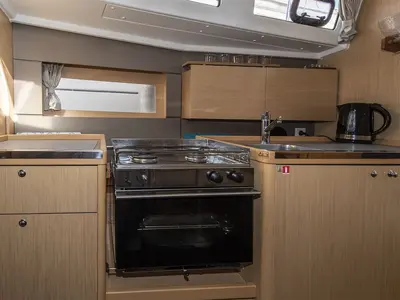 Galley of MOIN, a Beneteau Oceanis 38 sailboat at Port de Pollença, Spain