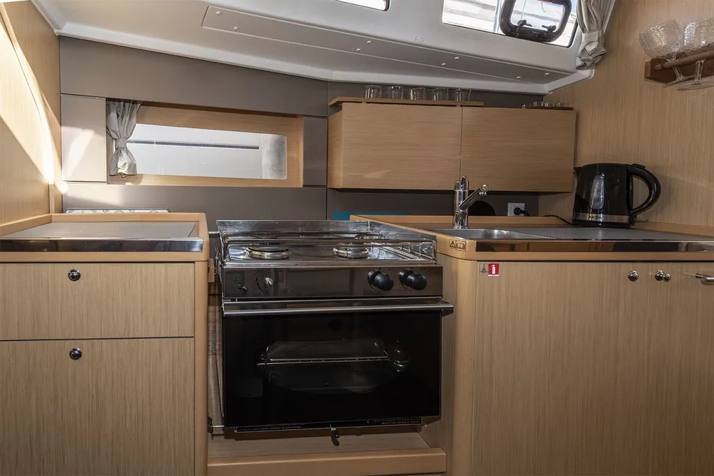 Galley of MOIN, a Beneteau Oceanis 38 sailboat at Port de Pollença, Spain
