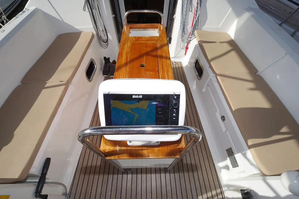 Cockpit of MOIN, a Beneteau Oceanis 38 sailboat at Port de Pollença, Spain