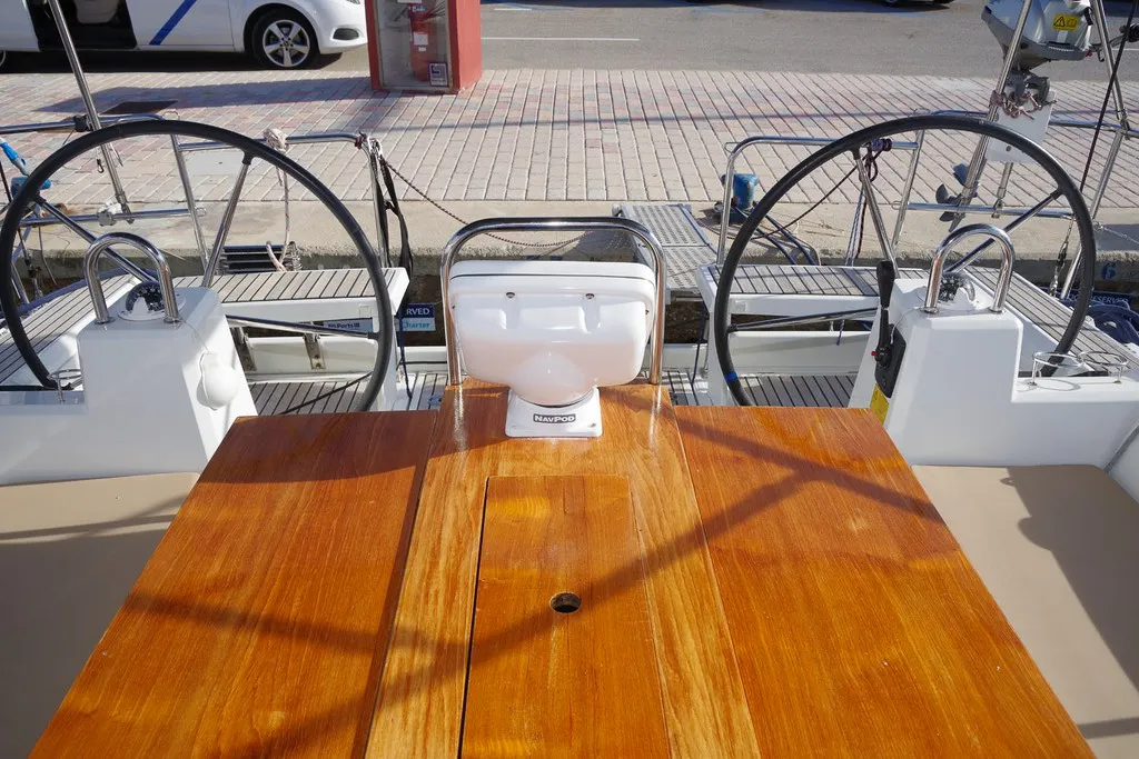 Cockpit of MOIN, a Beneteau Oceanis 38 sailboat at Port de Pollença, Spain