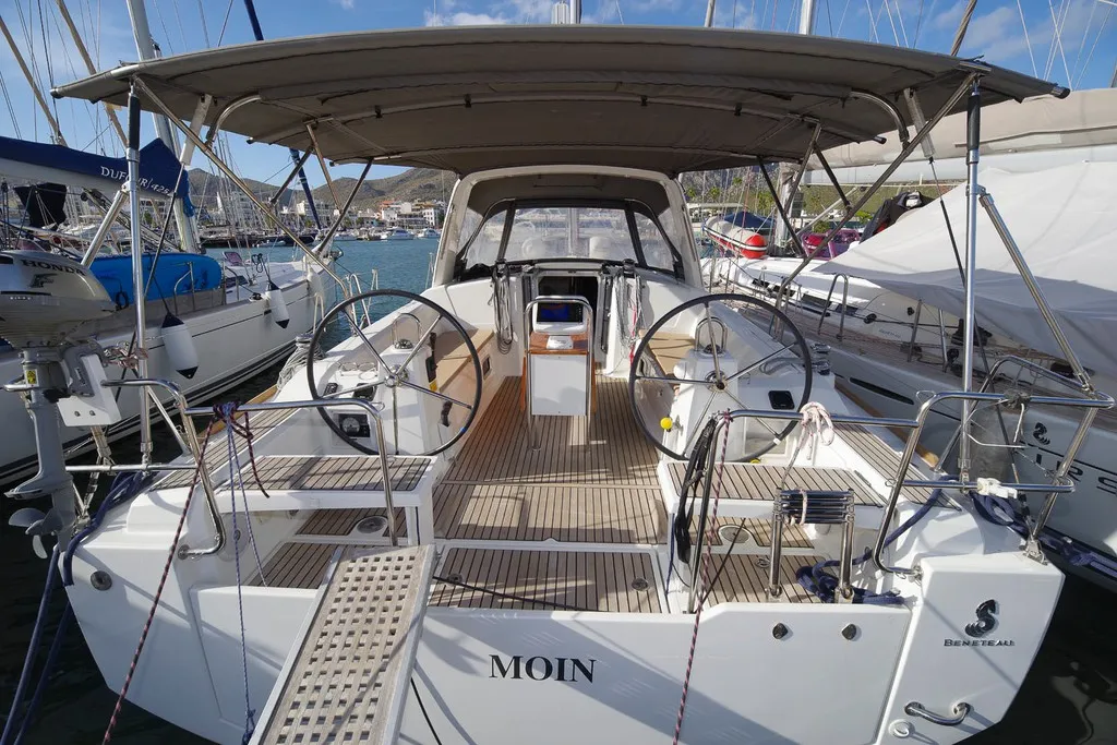 Exterior view of MOIN, a Beneteau Oceanis 38 sailboat at Port de Pollença, Spain