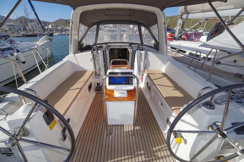 Cockpit of MOIN, a Beneteau Oceanis 38 sailboat at Port de Pollença, Spain