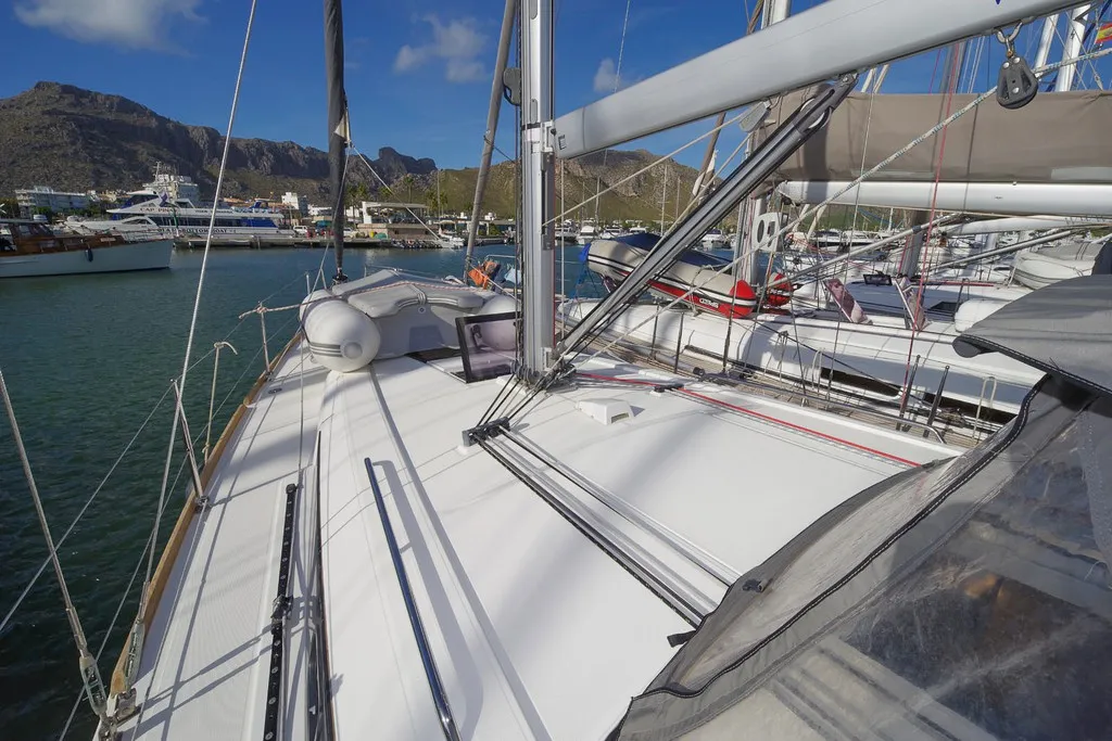 Deck of MOIN, a Beneteau Oceanis 38 sailboat at Port de Pollença, Spain