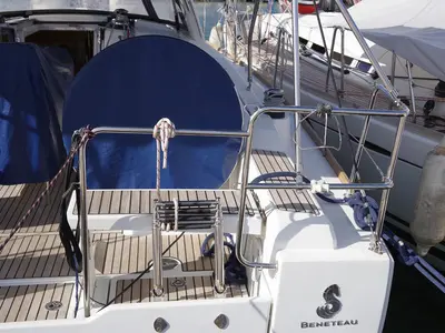 Deck of MOIN, a Beneteau Oceanis 38 sailboat at Port de Pollença, Spain