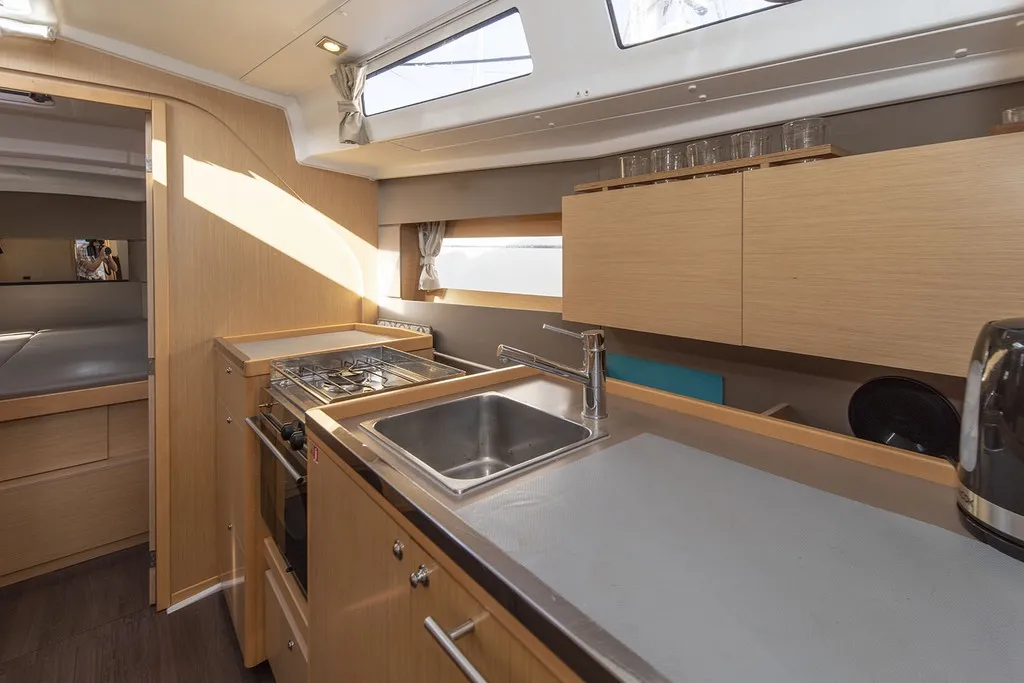 Galley of MOIN, a Beneteau Oceanis 38 sailboat at Port de Pollença, Spain