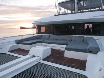 Deck of BLUE, a Lagoon 55 catamaran at Capo d'Orlando, Italy