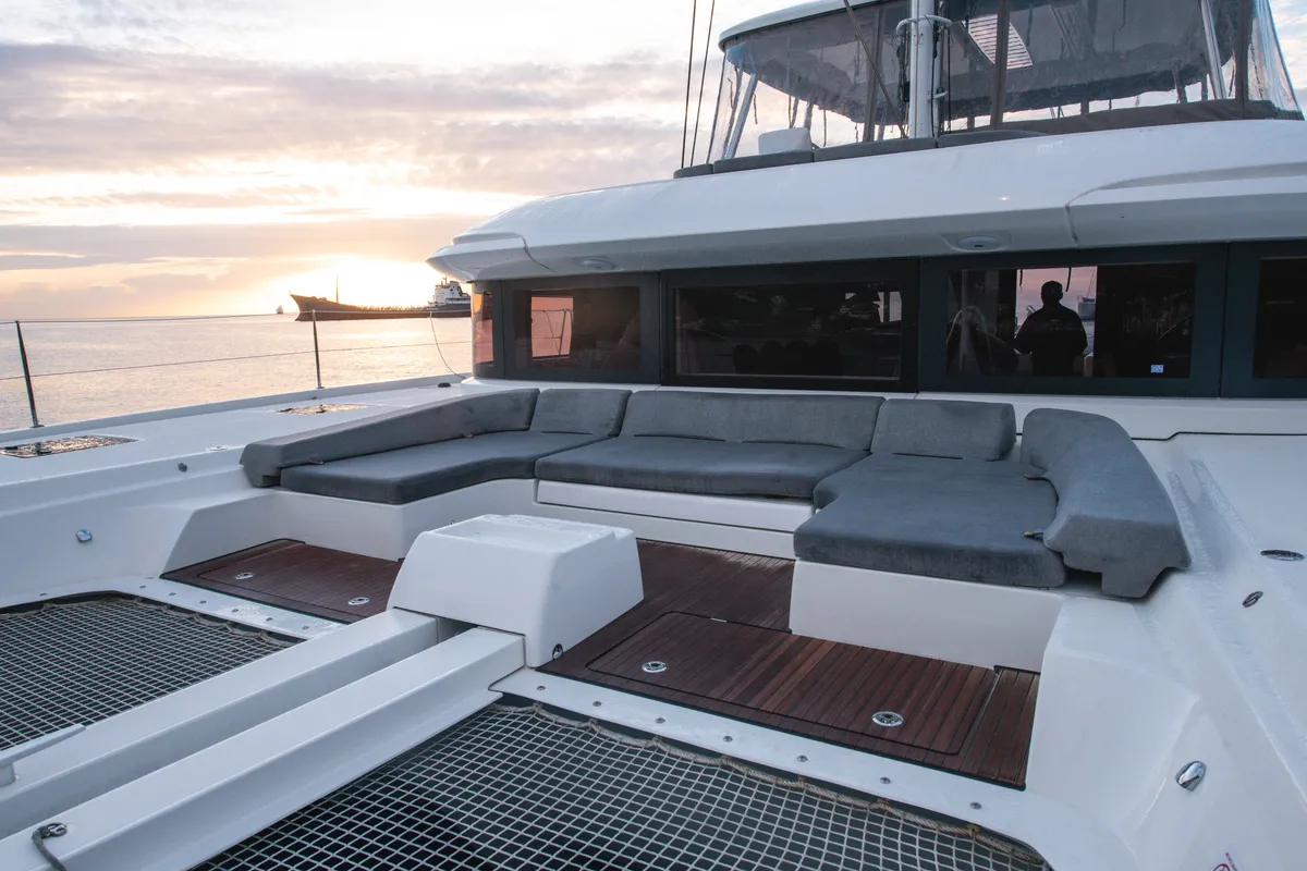 Deck of BLUE, a Lagoon 55 catamaran at Capo d'Orlando, Italy