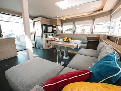 Salon of BLUE, a Lagoon 55 catamaran at Capo d'Orlando, Italy