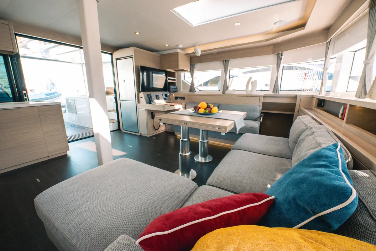 Salon of BLUE, a Lagoon 55 catamaran at Capo d'Orlando, Italy