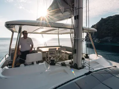 Cockpit of BLUE, a Lagoon 55 catamaran at Capo d'Orlando, Italy