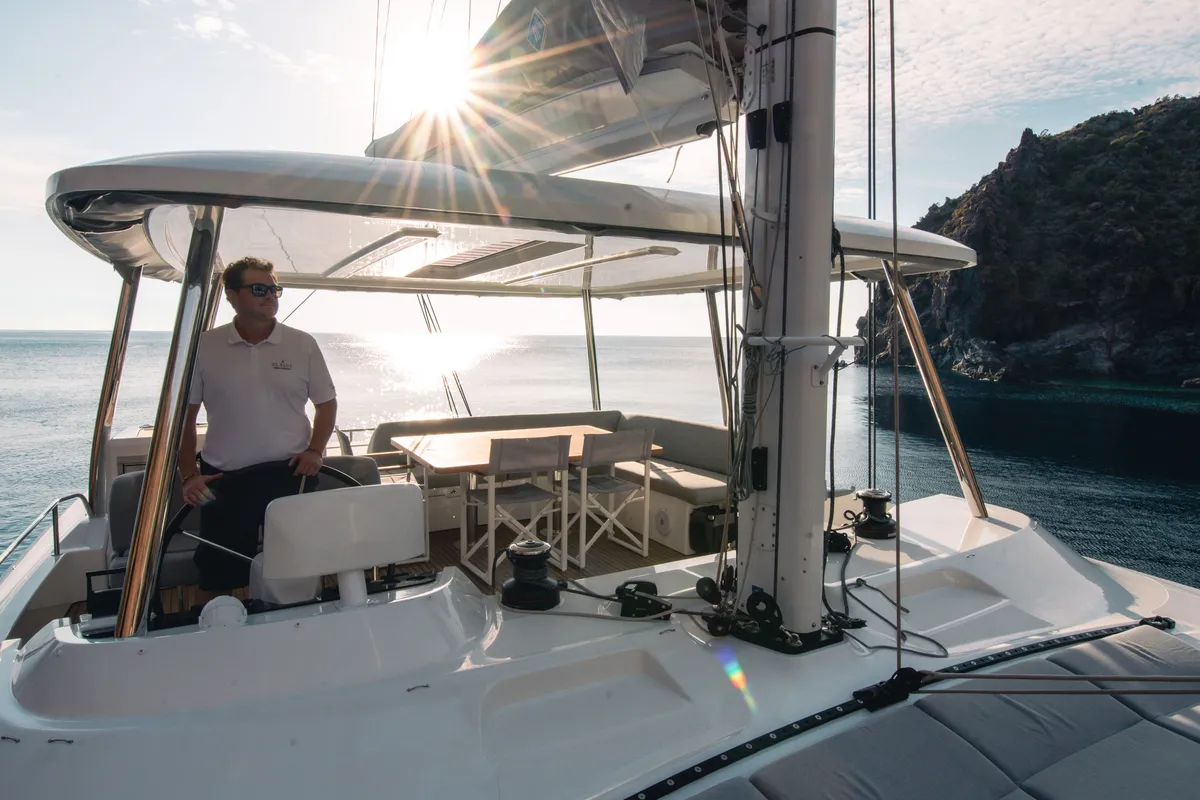 Cockpit of BLUE, a Lagoon 55 catamaran at Capo d'Orlando, Italy