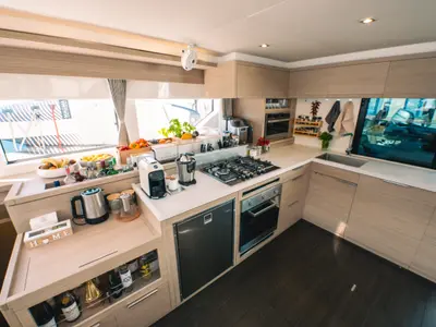 Galley of BLUE, a Lagoon 55 catamaran at Capo d'Orlando, Italy