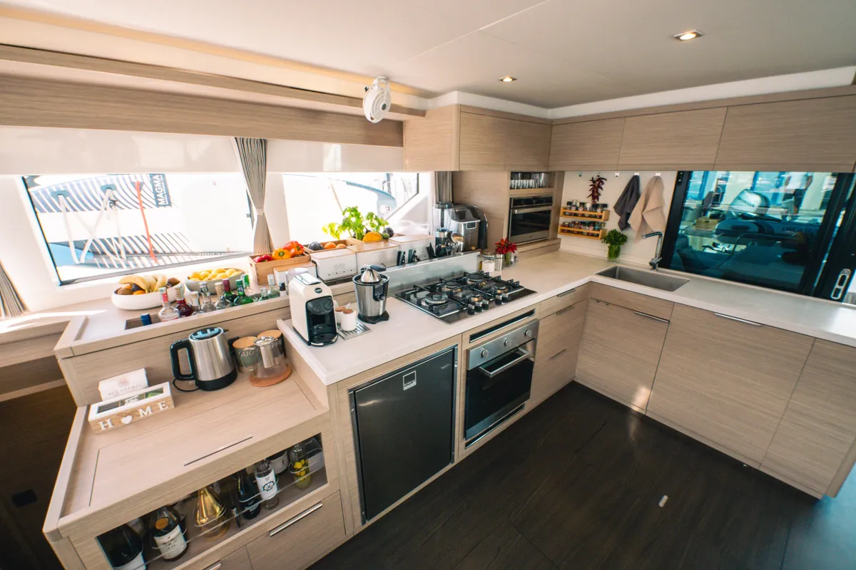 Galley of BLUE, a Lagoon 55 catamaran at Capo d'Orlando, Italy