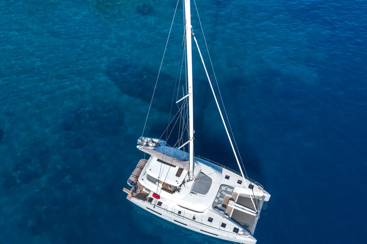 Exterior view of BLUE, a Lagoon 55 catamaran at Capo d'Orlando, Italy