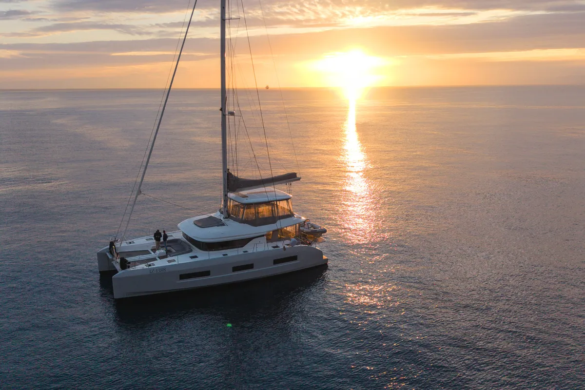 Exterior view of BLUE, a Lagoon 55 catamaran at Capo d'Orlando, Italy