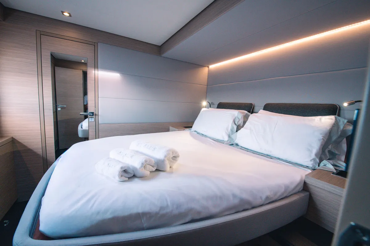 Cabin on BLUE, a Lagoon 55 catamaran at Capo d'Orlando, Italy