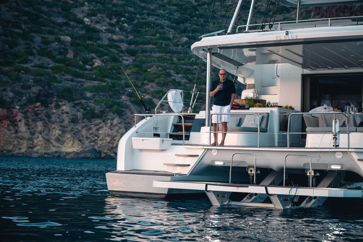Deck of BLUE, a Lagoon 55 catamaran at Capo d'Orlando, Italy