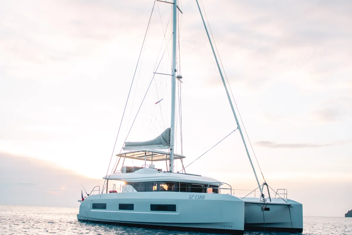 Exterior view of BLUE, a Lagoon 55 catamaran at Capo d'Orlando, Italy