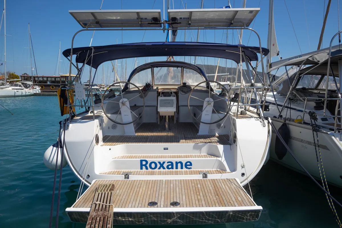 Cockpit of Roxane, a Bavaria Cruiser 51 sailboat at Municipal Unit of Lefkada, Greece