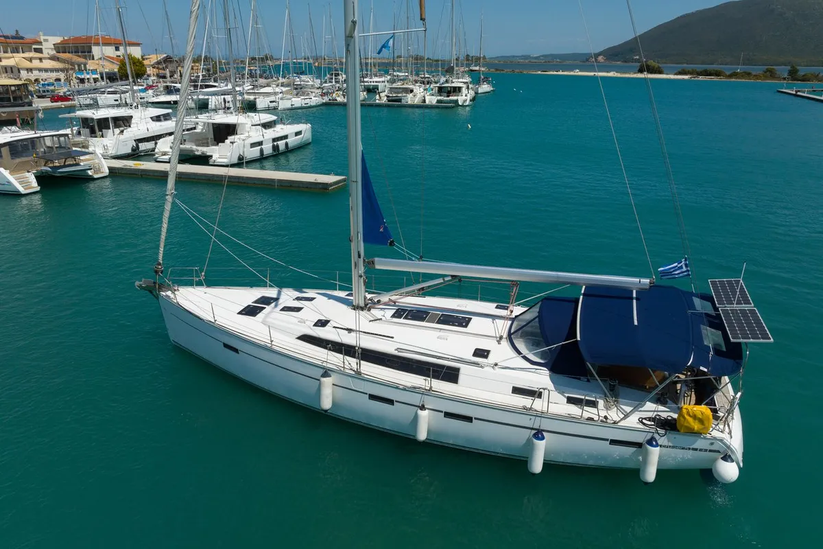 Exterior view of Roxane, a Bavaria Cruiser 51 sailboat at Municipal Unit of Lefkada, Greece