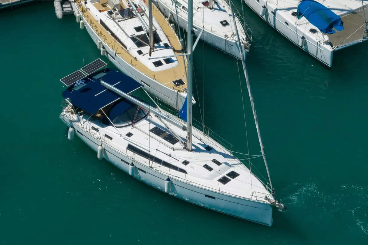 Exterior view of Roxane, a Bavaria Cruiser 51 sailboat at Municipal Unit of Lefkada, Greece