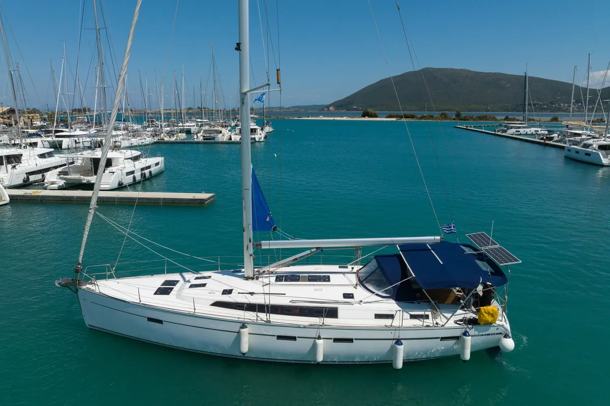 Exterior view of Roxane, a Bavaria Cruiser 51 sailboat at Municipal Unit of Lefkada, Greece
