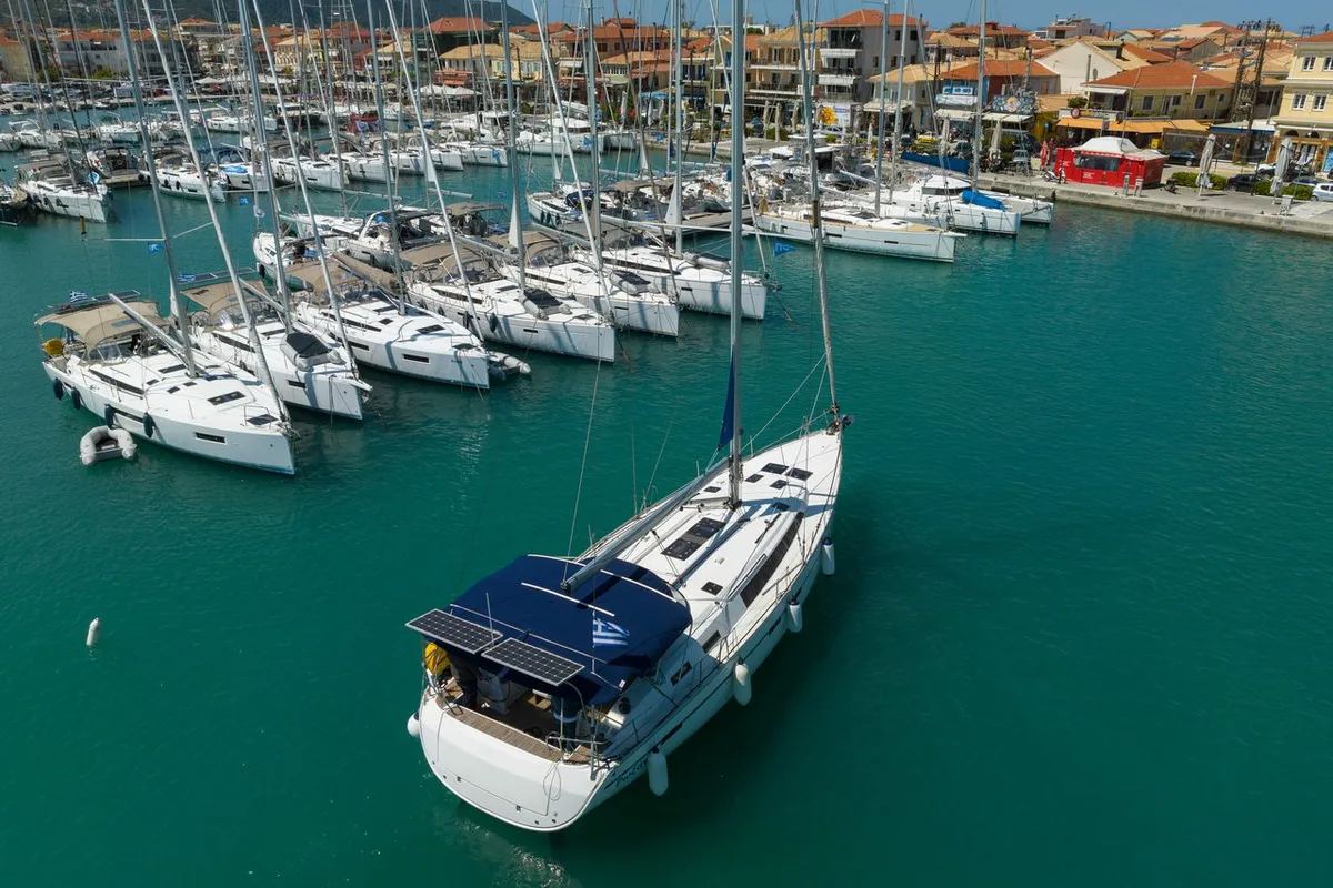 Exterior view of Roxane, a Bavaria Cruiser 51 sailboat at Municipal Unit of Lefkada, Greece