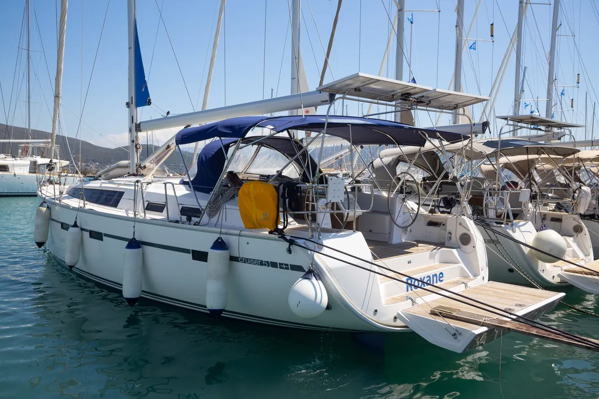 Exterior view of Roxane, a Bavaria Cruiser 51 sailboat at Municipal Unit of Lefkada, Greece