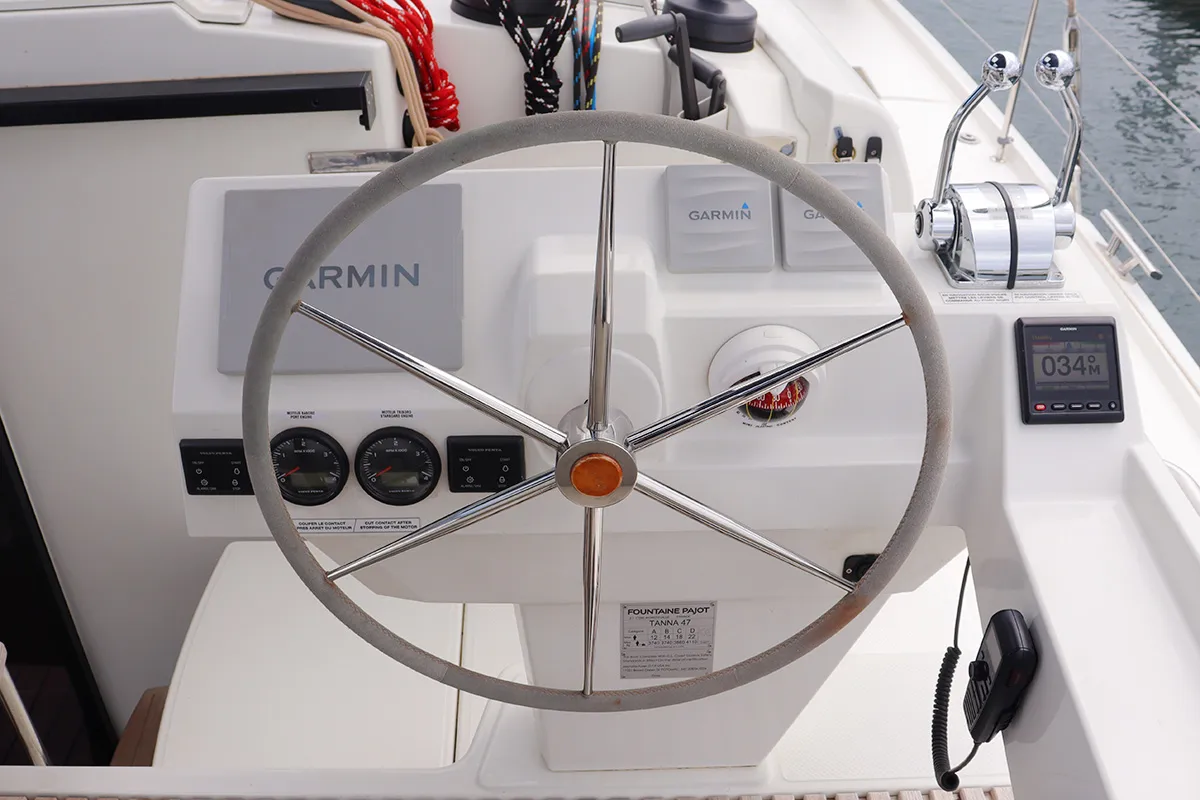 Cockpit of No Shoes_X, a Fountaine Pajot Tanna 47 catamaran at Road Town, British Virgin Islands
