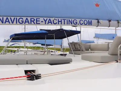 Deck of No Shoes_X, a Fountaine Pajot Tanna 47 catamaran at Road Town, British Virgin Islands