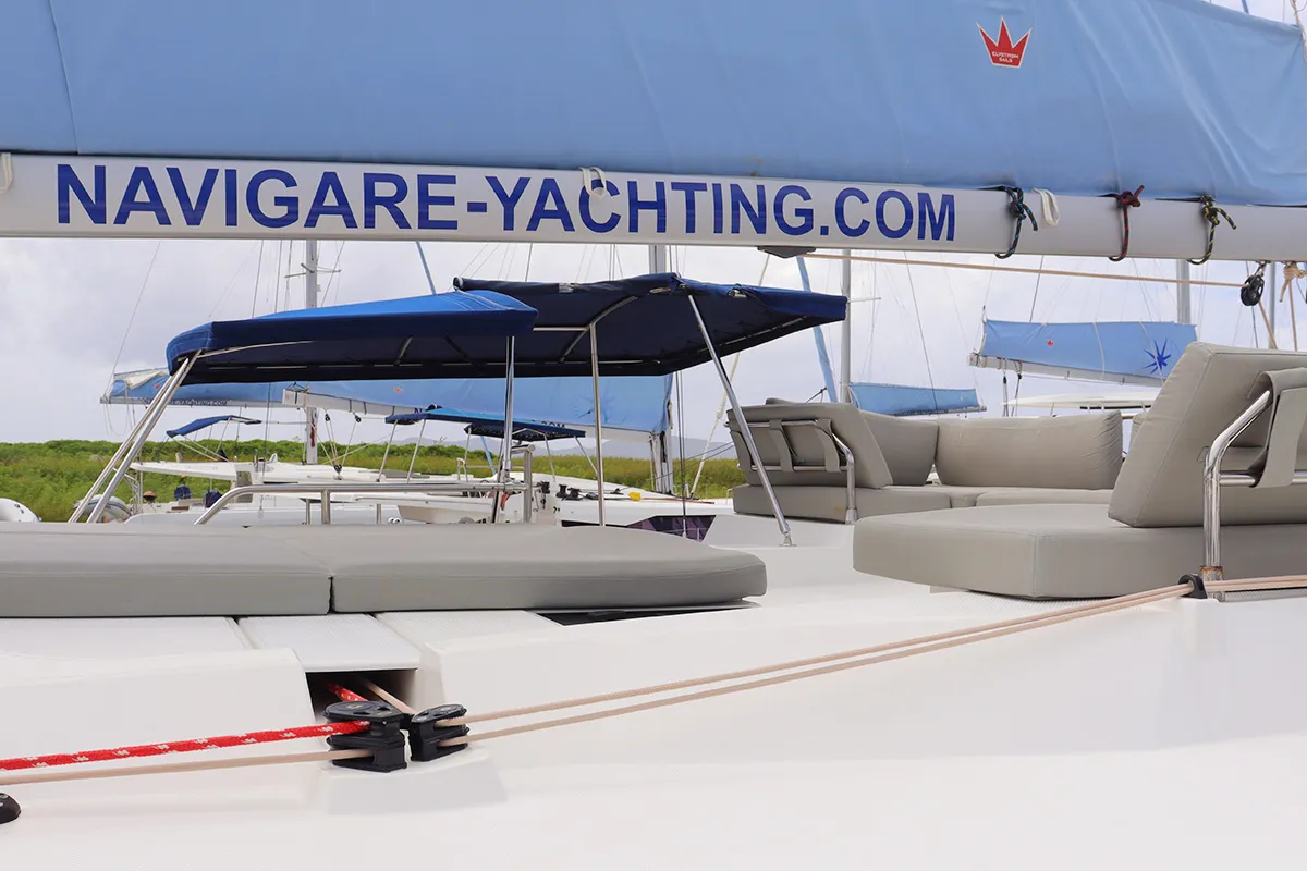 Deck of No Shoes_X, a Fountaine Pajot Tanna 47 catamaran at Road Town, British Virgin Islands